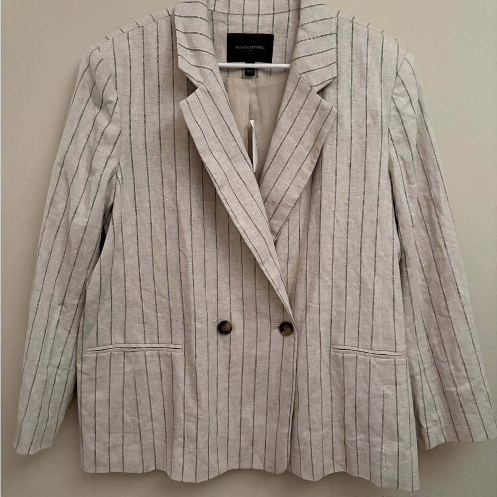 Banana Republic Linen-Blend Cream Blazer with Black Pinstripes plus size 18